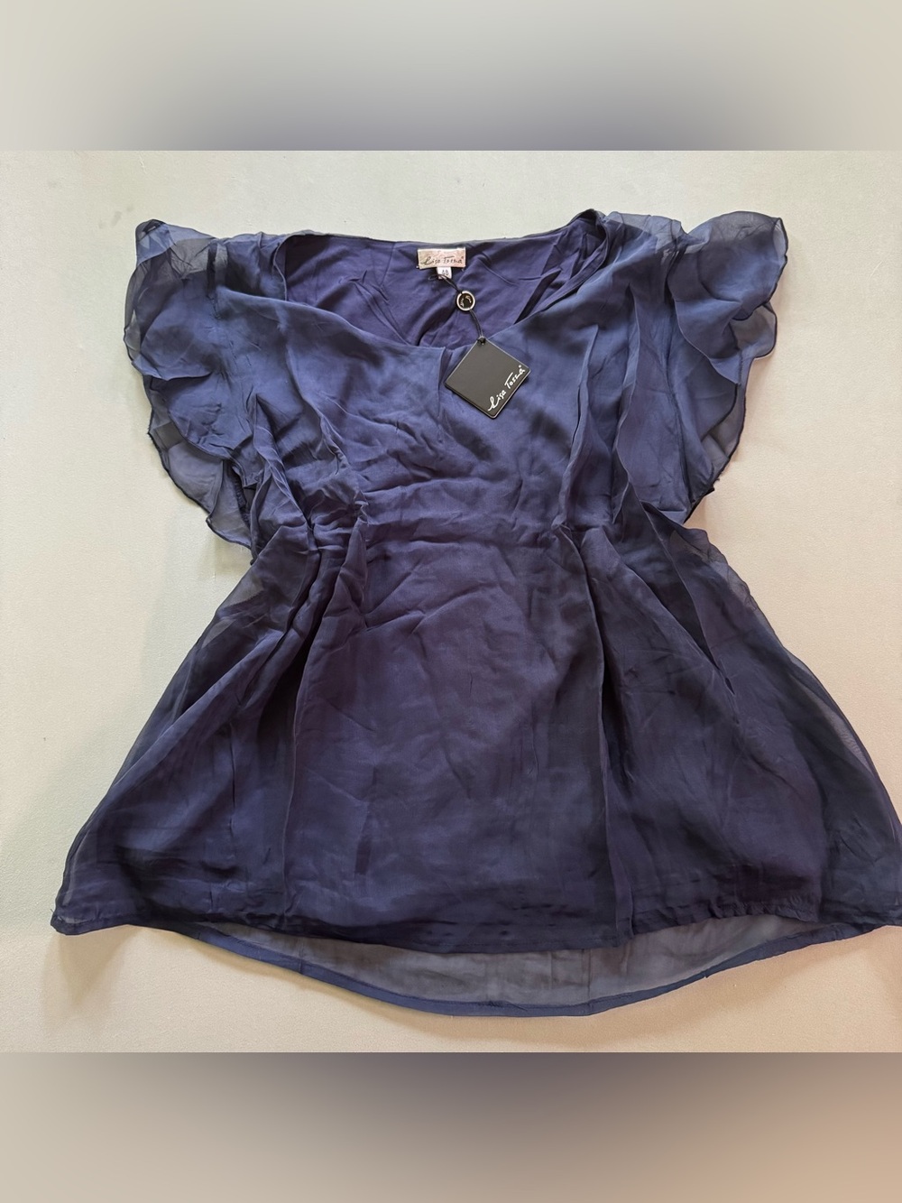 Lisa Tossa Women’s Silk Chiffon Sheer Flutter Sleeve V-Neck Blouse Blue European